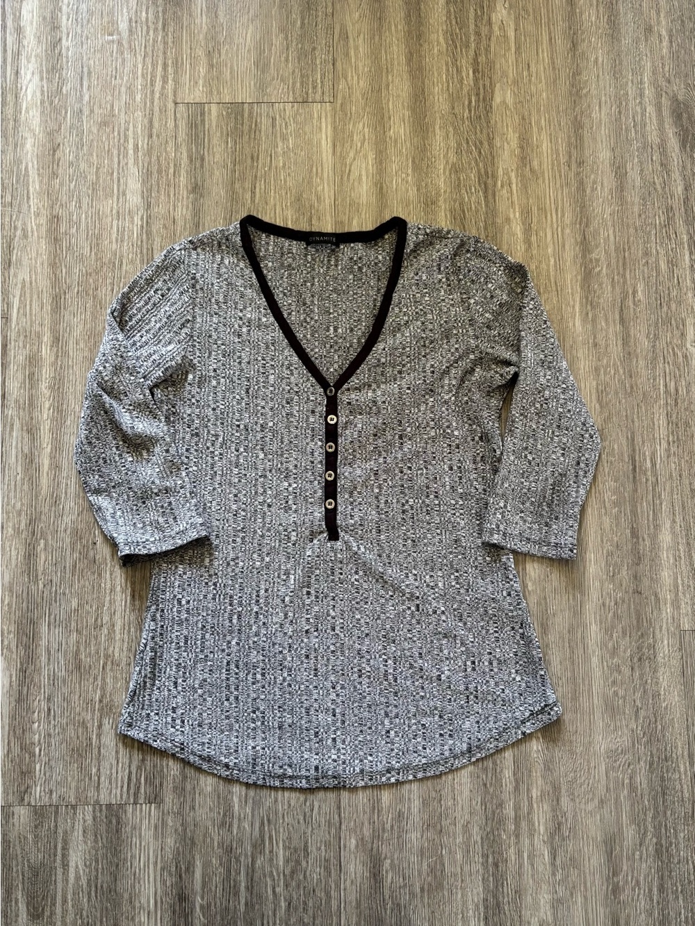 Dynamite Black-Trim Marled Gray V-Neck Henley Top